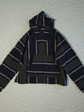 Mexican Baja Poncho Drug Rug Blue Gray Hippie Boho Surfer